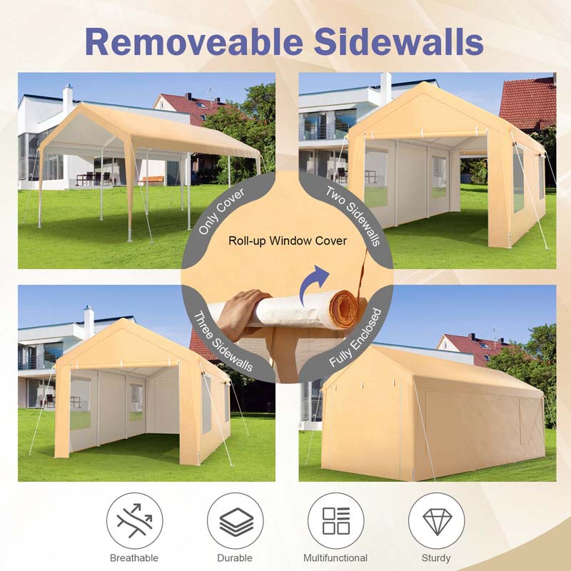 10 x 20 FT Heavy-Duty Steel Carport Portable Garage Car Canopy Shelter Party Tent with Removable Sidewalls, Roll-up Door