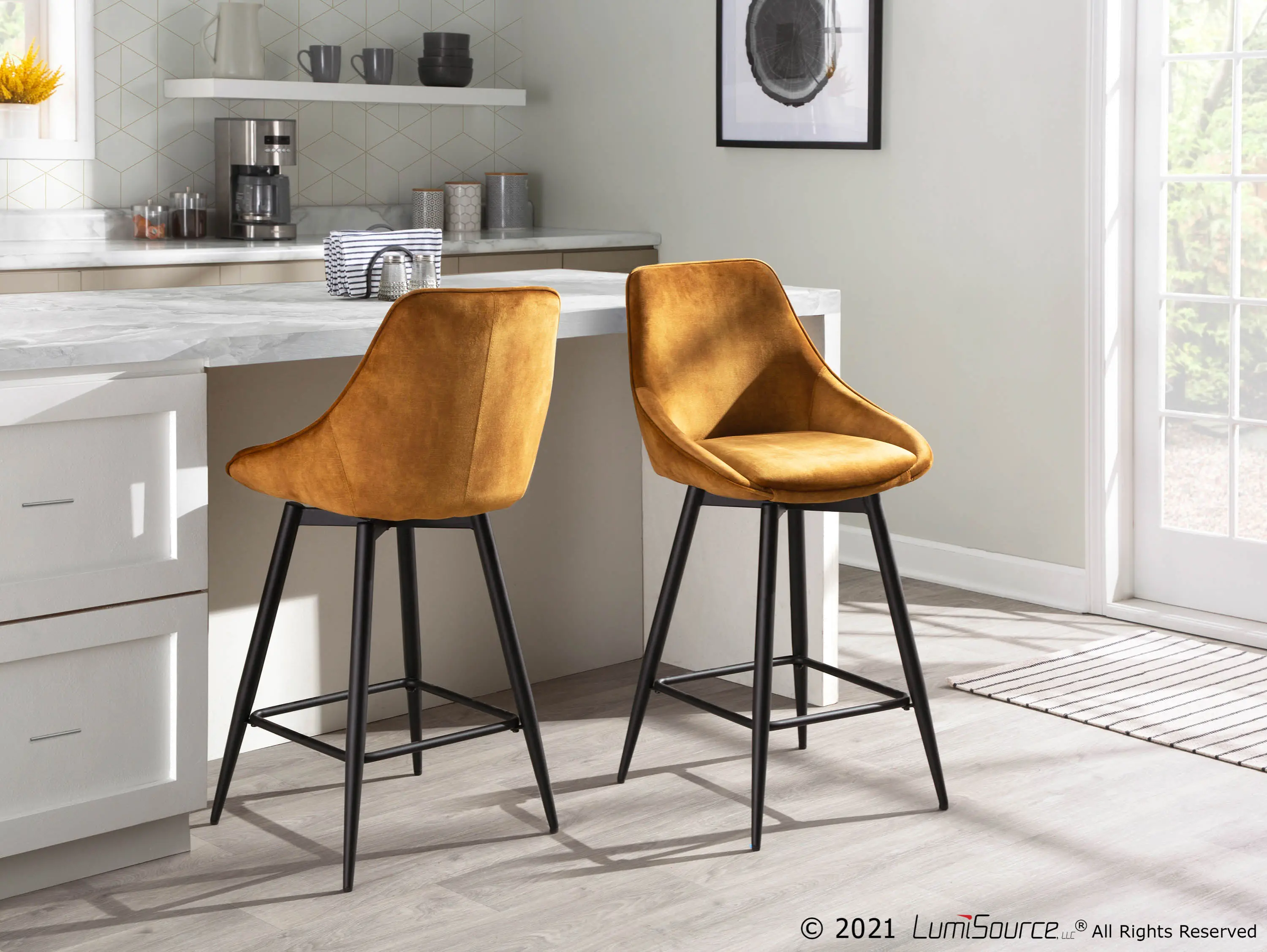 Diana Golden Yellow Velvet Swiveling Counter Stools， Set of 2