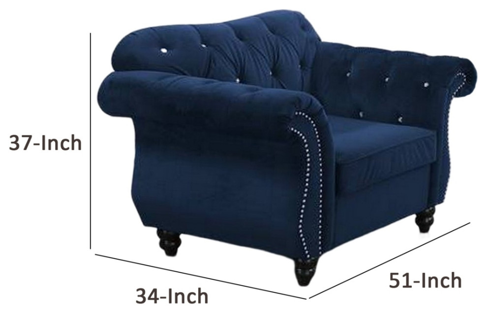 Rima 51 Inch Classic Accent Chair Velvet Upholstery Rolled Arms Indigo   Eclectic   Armchairs And Accent Chairs   by Dot  ampBo  Houzz