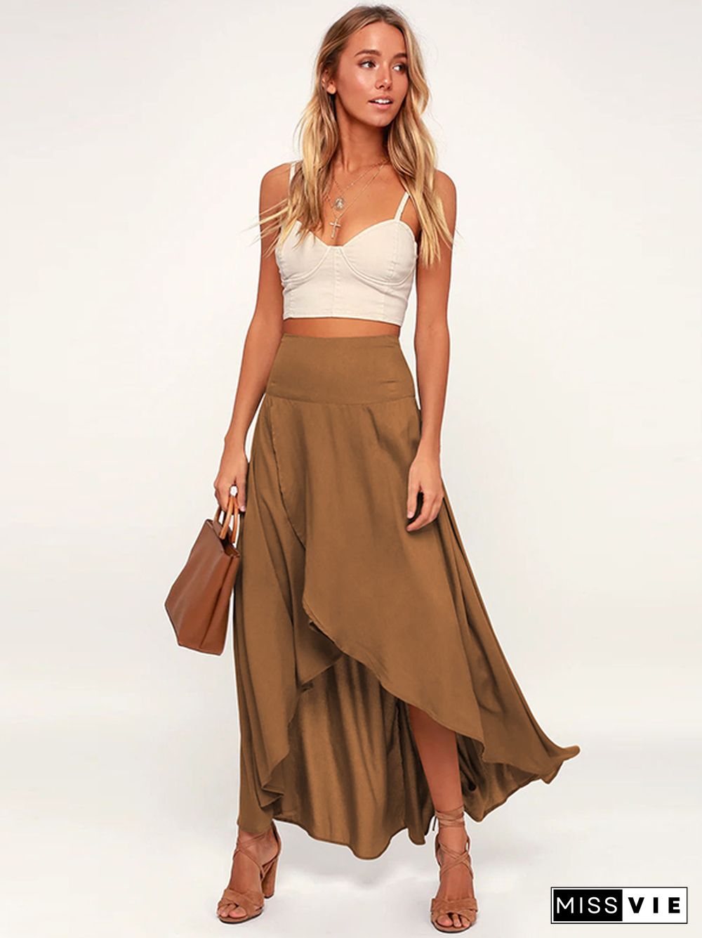 Simple  Asymmetric Split-Front Falbala Solid Color  Skirts Bottoms