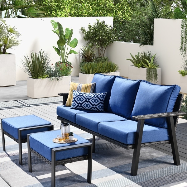 OVIOS Outdoor 3piece Wicker Sectional Sofa Set With Ottoman Steel Frame