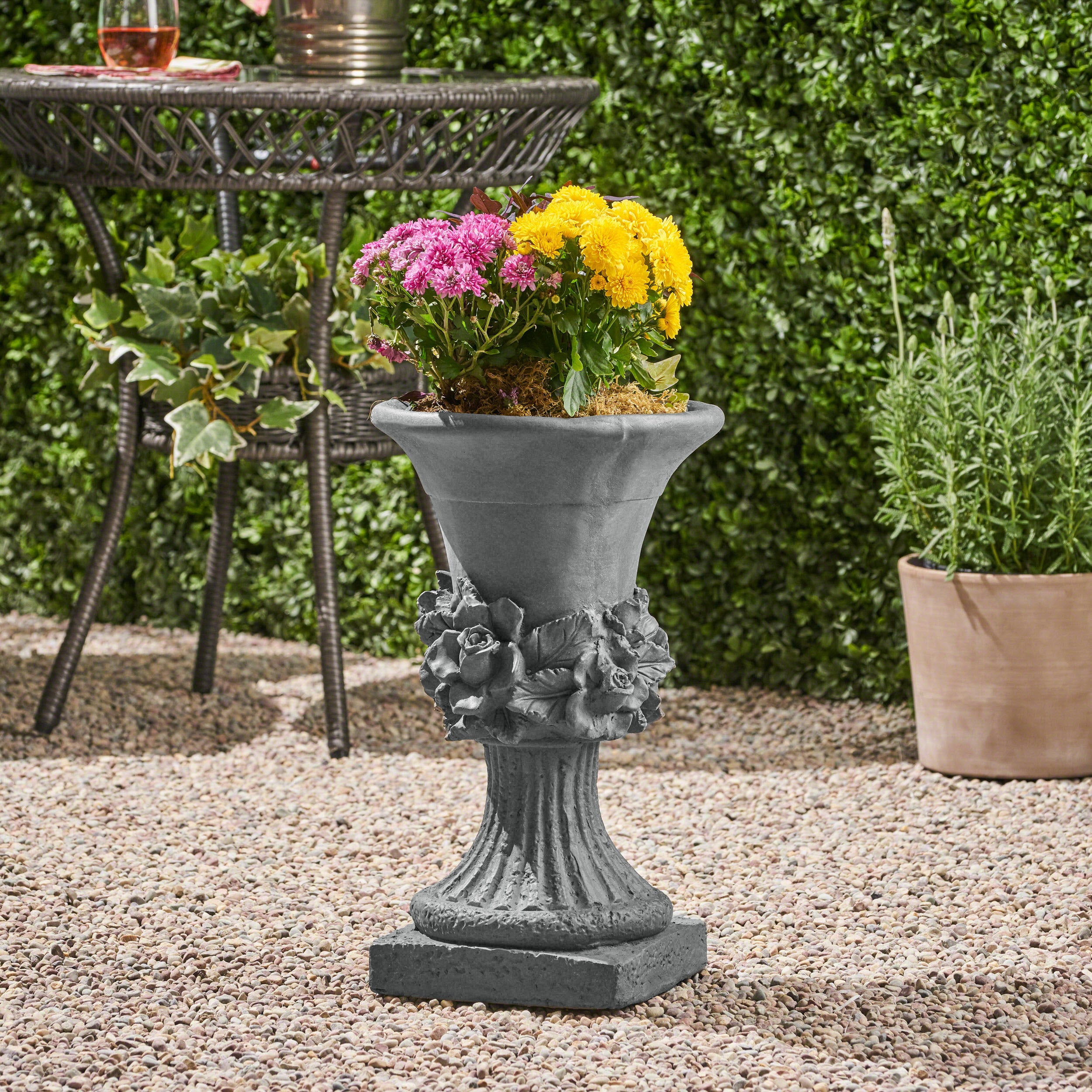 Michaelia Chalice Garden Urn Planter, Roman, Botanical, Lightweight Concrete