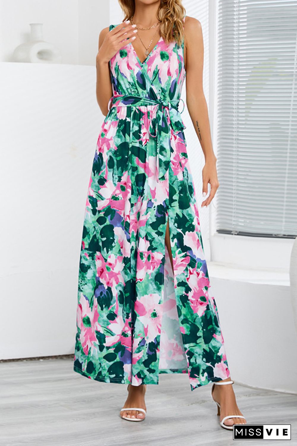 Wrap V Neck High Split Sleeveless Floral Maxi Dress