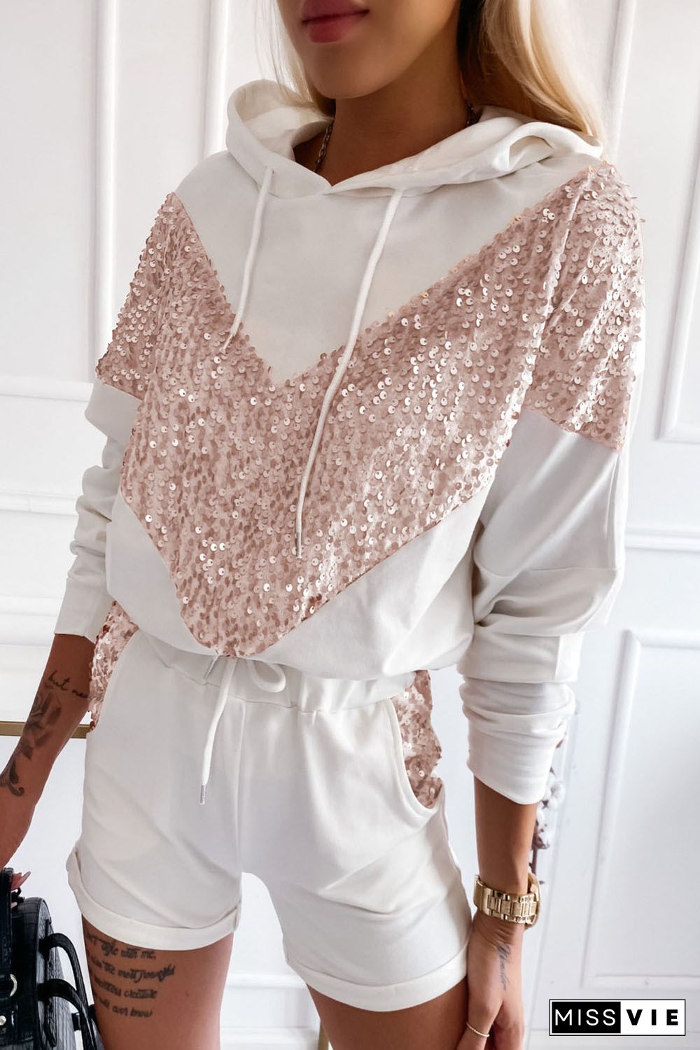 White Chevron Sequin Pullover Hoodie