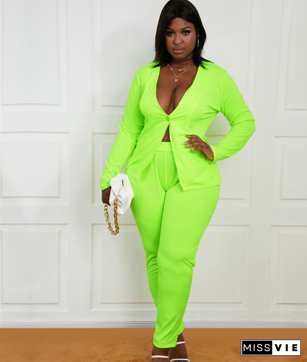 Fluorescent Green Jacket Pencil Pants Plus Size Sets