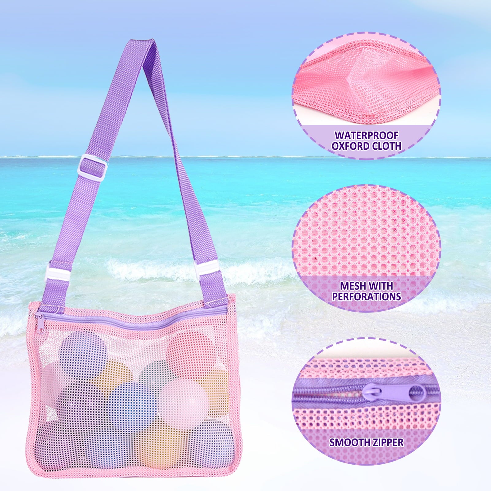 Angela & Alex Beach Toy Mesh Beach Bag Kids Shell Collecting Bag Beach Sand Toy Seashell Bag Mesh Pool Bag Beach Toys Sand Toys Swimming Accessories for Boys and Girls(Only Bags,A Set of 3)