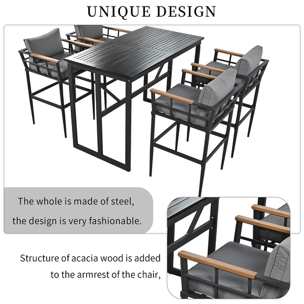 5Piece Patio Dining Table Set Outdoor Furniture with Large Table，Steel and Acacia Wood Ideal for Outdoor Spaces