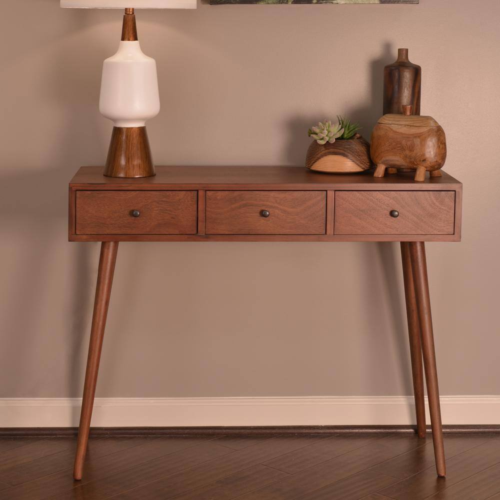 Decor Therapy Mid 42 in. Walnut Standard Rectangle Wood Console Table with Drawers FR6323