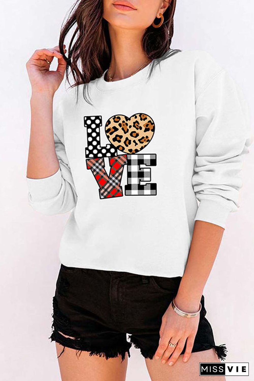 Leopard Plaid Love Heart,Valentine's Day Classic Crew Sweatshirt Wholesale