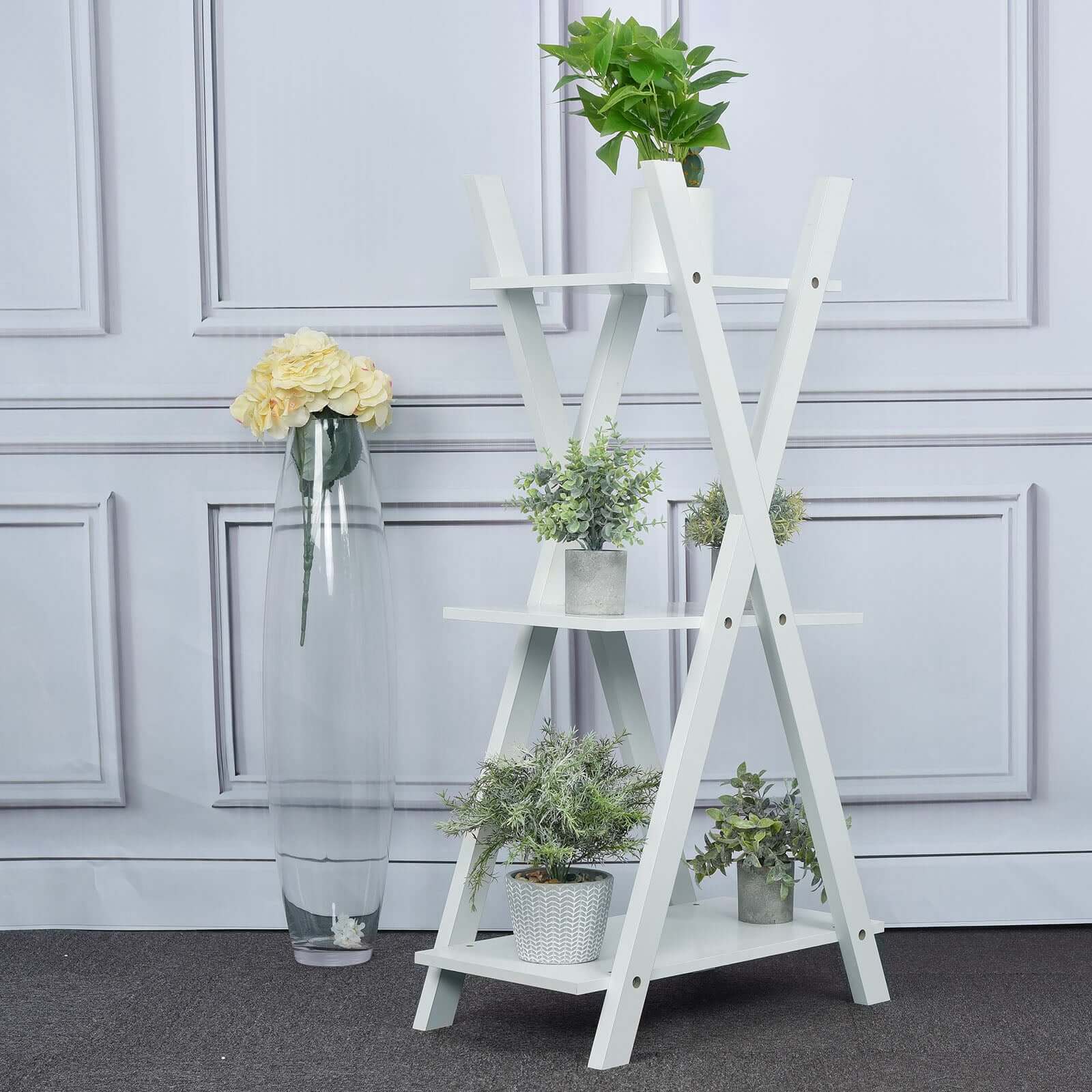 3-Tier White Wooden Plant Stand, X-Frame Display Shelf Accent Rack 44