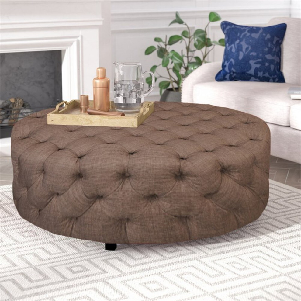 American Home Classic Jasper 16 quotSmall Round Fabric Ottoman in Brown   Transitional   Footstools And Ottomans   by Homesquare  Houzz