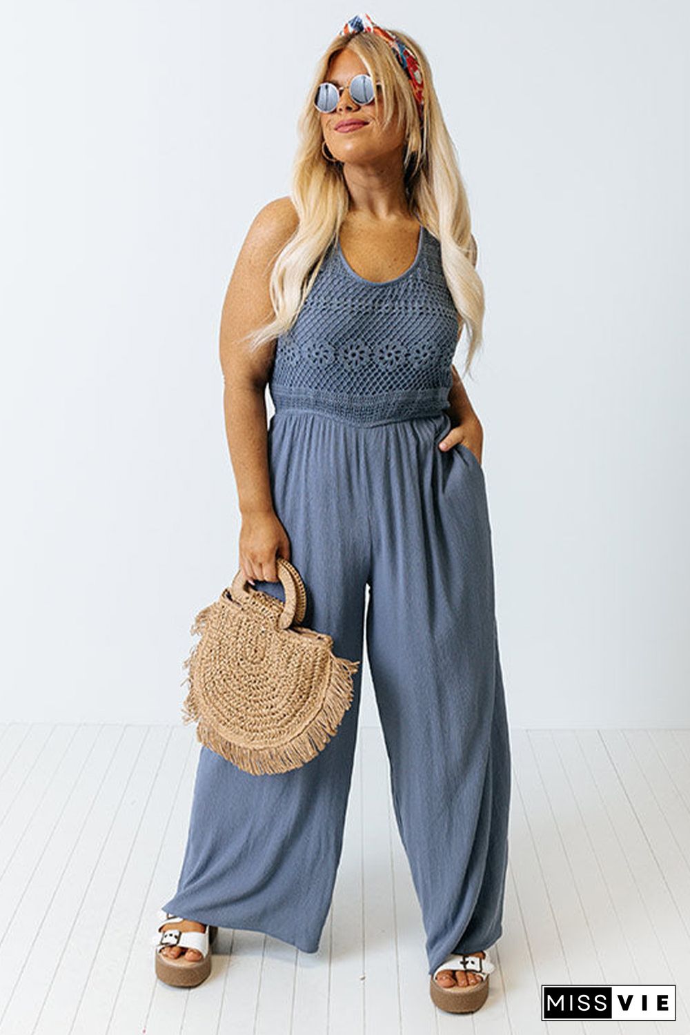 Blue Tie Back Crochet Tank Casual Plus Size Jumpsuit