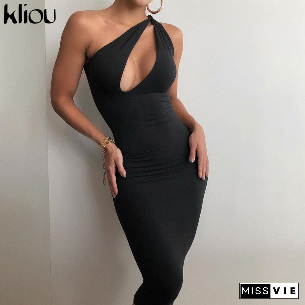 Kliou Cut Out Sexy Midnight Clubwear Maxi Dresses Solid One Shoulder Birthday Outfit For Women Slim Bodycon Party Dress