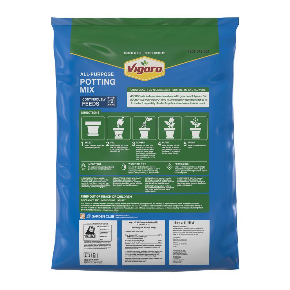 Vigoro 10 qt. All Purpose Potting Soil Mix for Indoor or Outdoor Use for Fruits Flowers Vegetables and Herbs 72779920