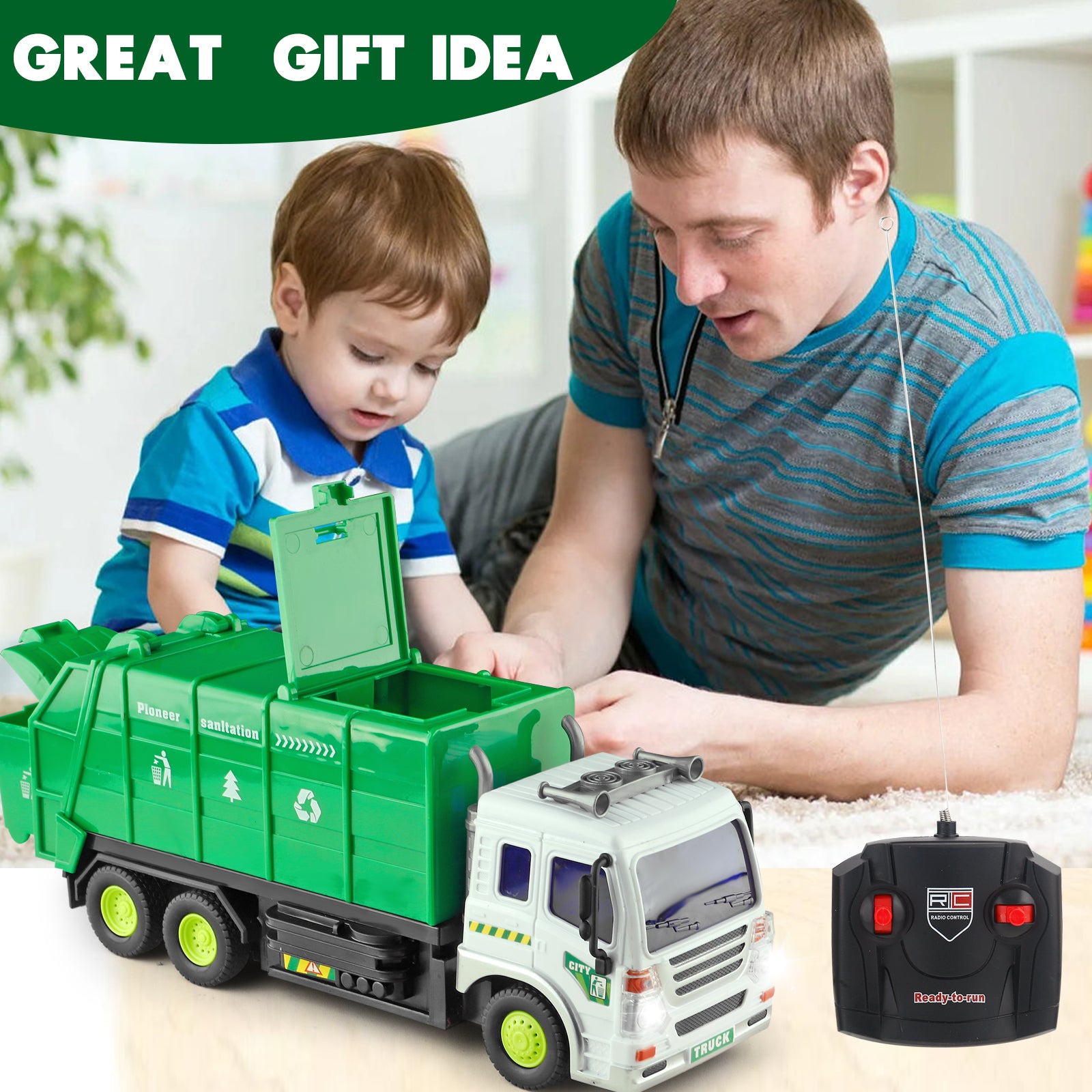 Remote Control Garbage Truck Toys for Boys 3-6 Year RC Car Waste Management Garbage Truck Toy with Lights Great Gift for Kids