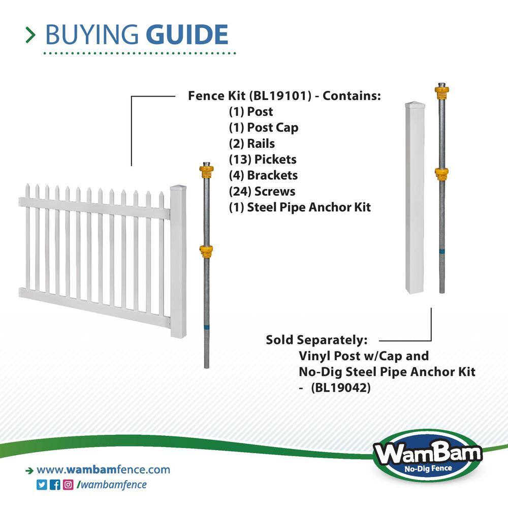 WamBam Fence No-Dig Permanent 4 ft. x 6 ft. Nantucket Vinyl Picket Fence Panel with Post and Anchor Kit BL19101