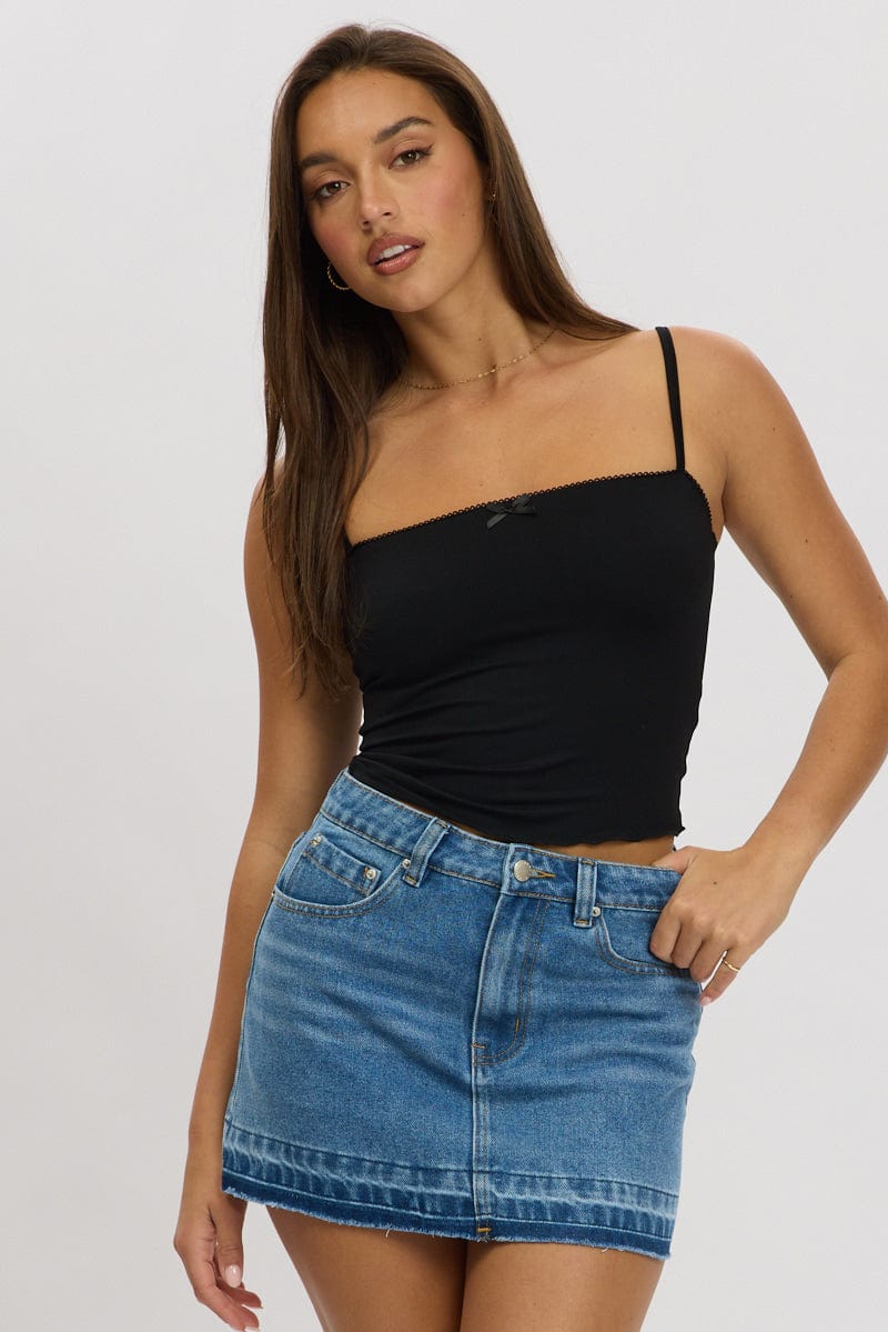 Denim Mini Skirt Mid Rise Let down Hem