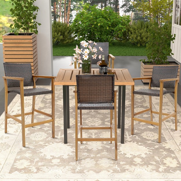 Tangkula Patio Rattan Bar Stool Set Of 2 Outdoor Pe Wicker Bar Chairs W Armrests amp Sturdy Footrests