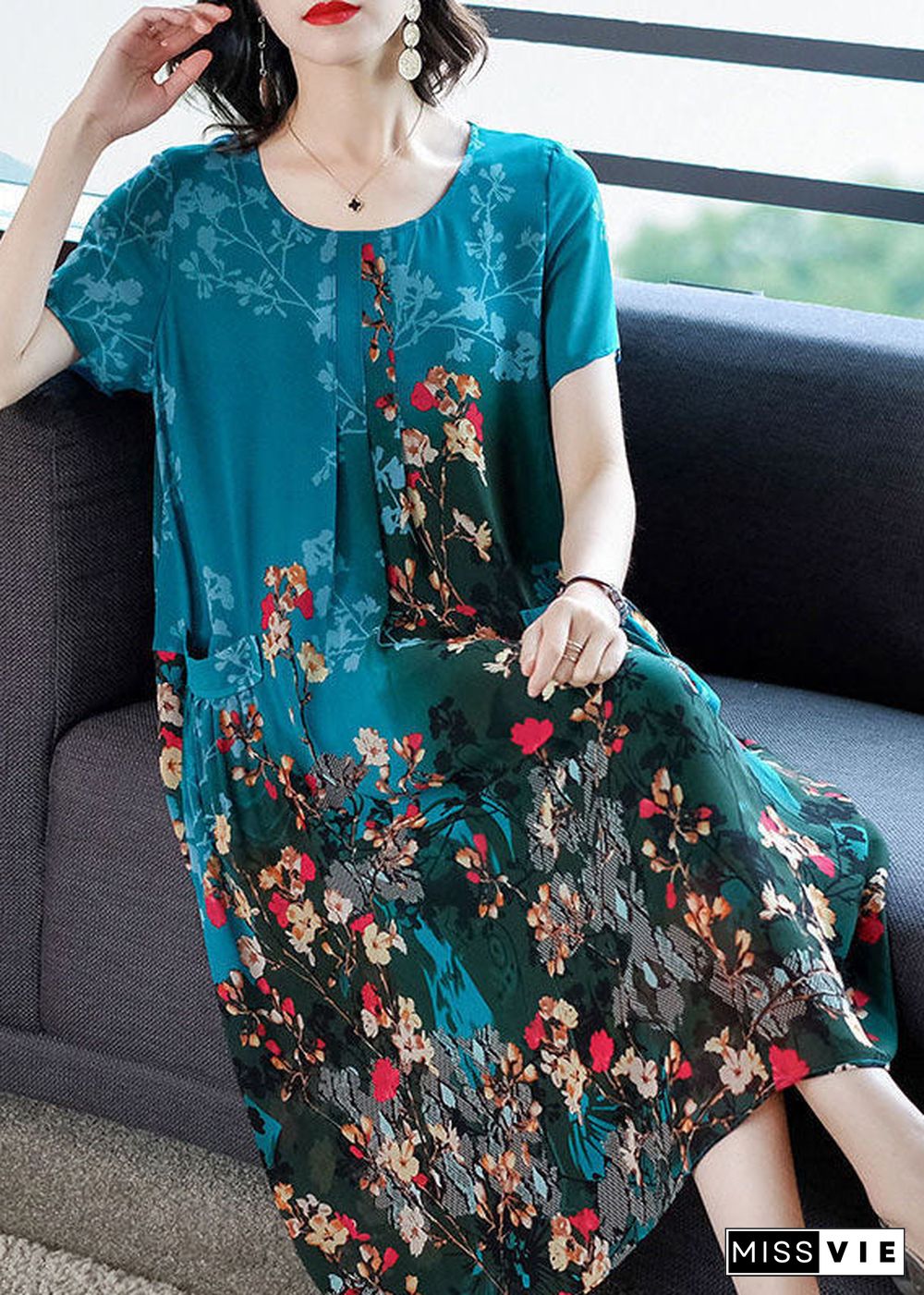 Beautiful Blue O-Neck Pockets Print Chiffon A Line Dress Short Sleeve