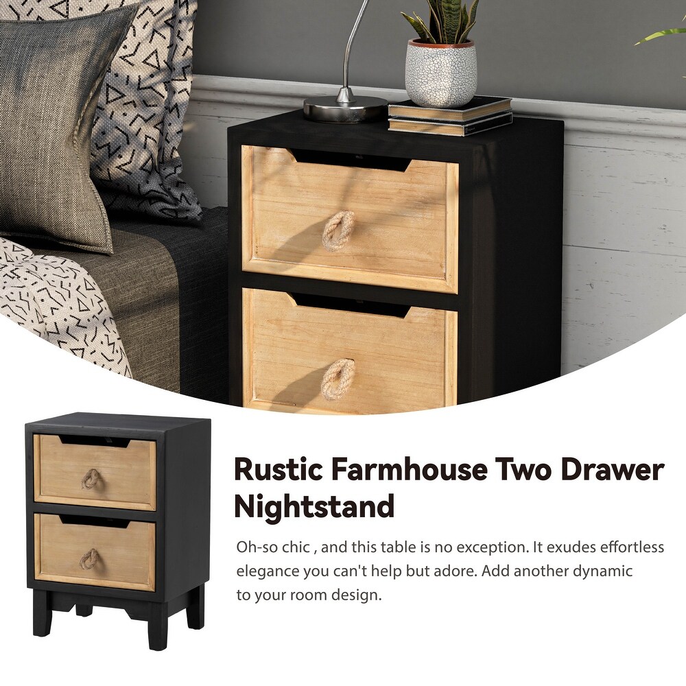 COZAYH Farmhouse Small Nightstand  Rustic Accent Bedside Table with Jute Rope Handles for Living Room  Bedroom