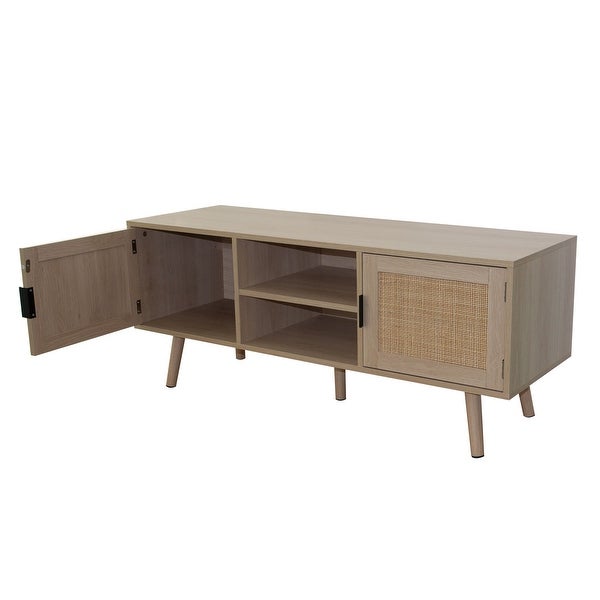 Anmytek 47 inch Natural Oak TV Stand Fits TVs Up to 55 in Entertainment Cabinet Media Console with Rattan Doors