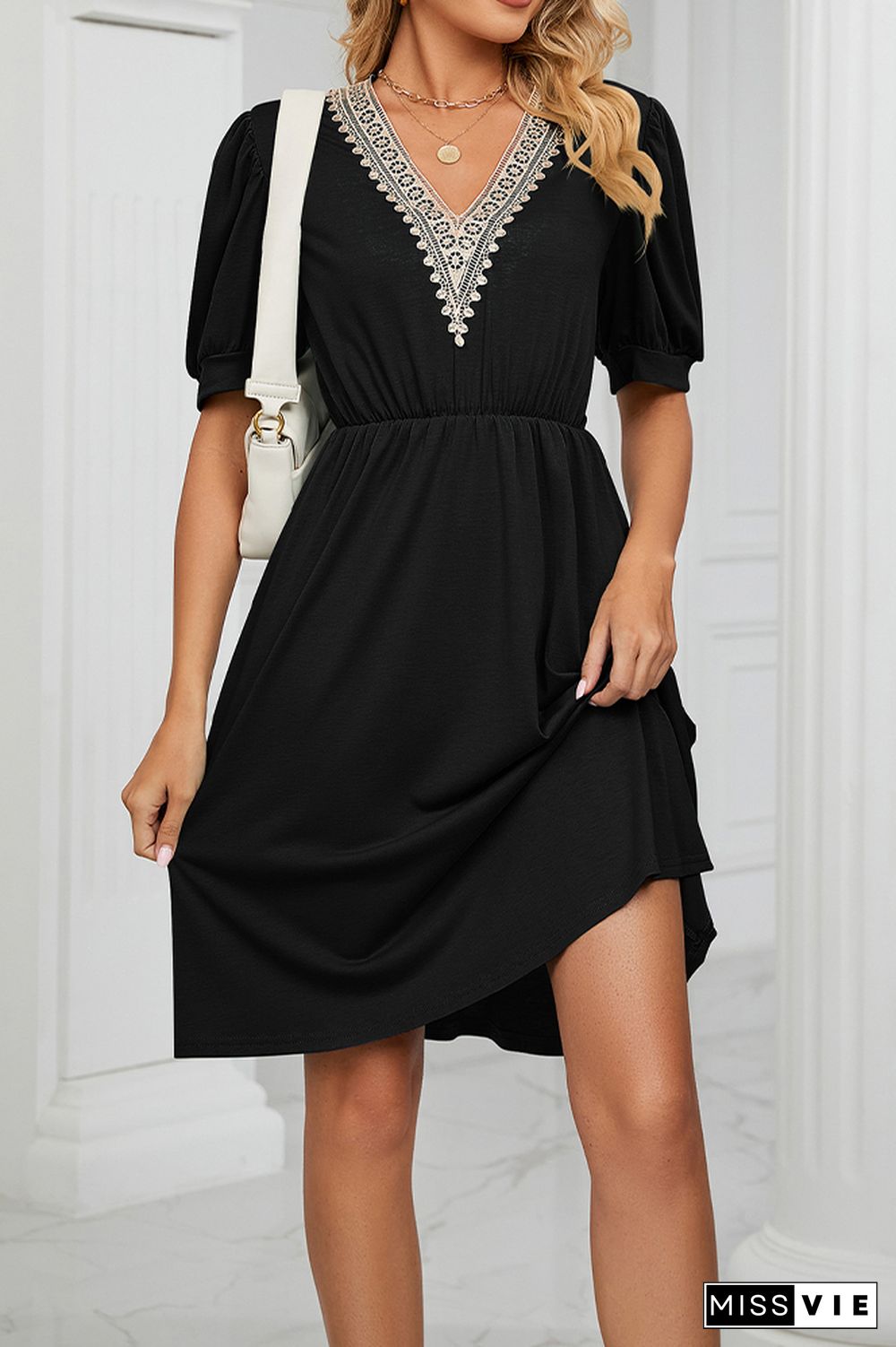 V Neck Lace Edge Pockets T-Shirt Dress