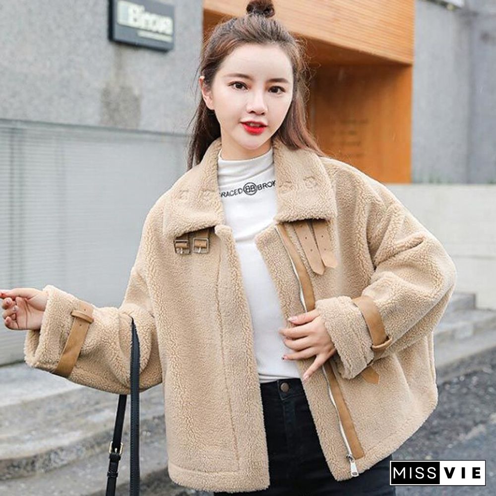 Winter Warm Fur Coat Women Loose Casual Elegant Wool Coats Solid Lady Jacket Turndown Collar Outwear Korean Fashion New