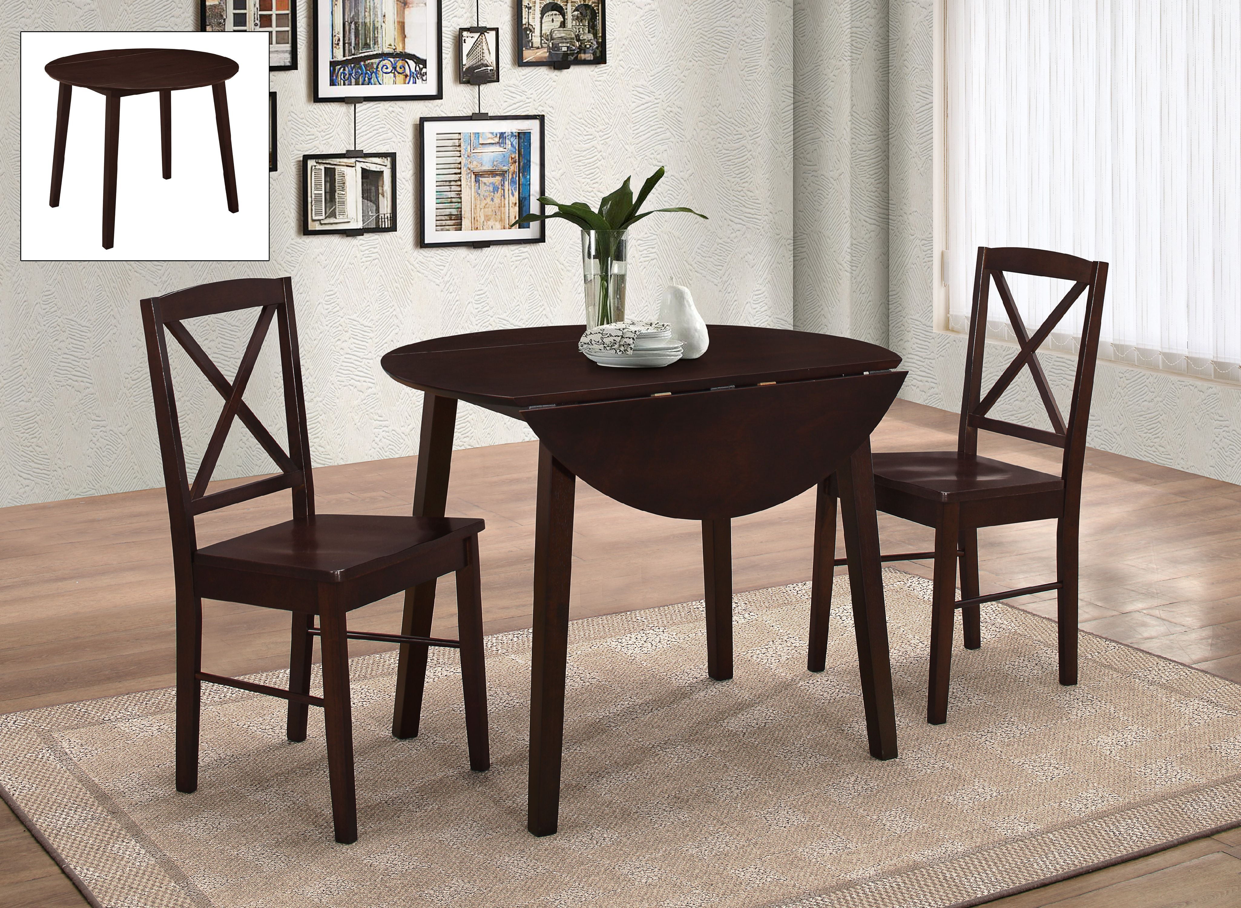 3 Piece Cappuccino Wood Round Kitchen Dinette Drop Leaf Dining Table & 2 Side Chairs Set