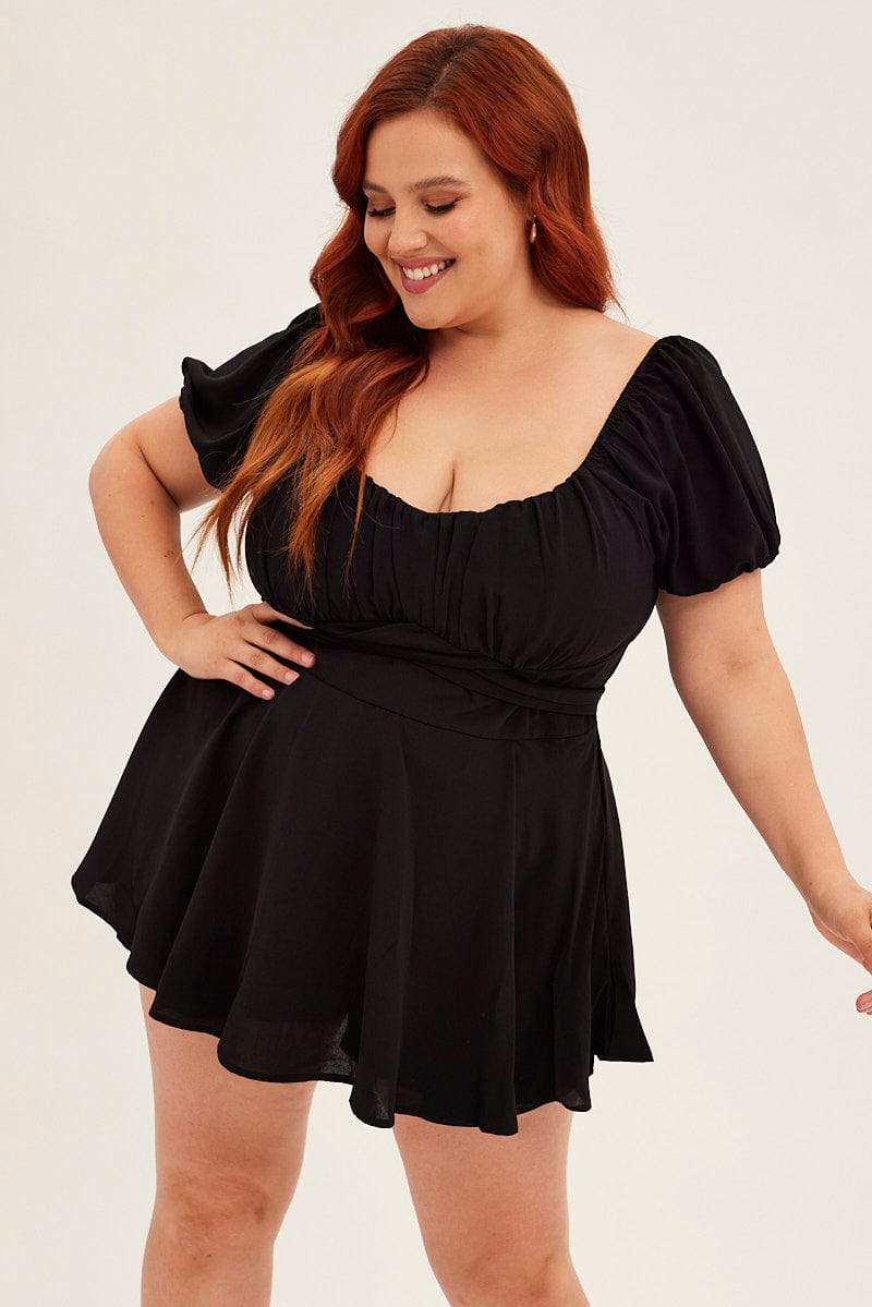 Black Tie Playsuit Short Sleeve Sweetheart Neck