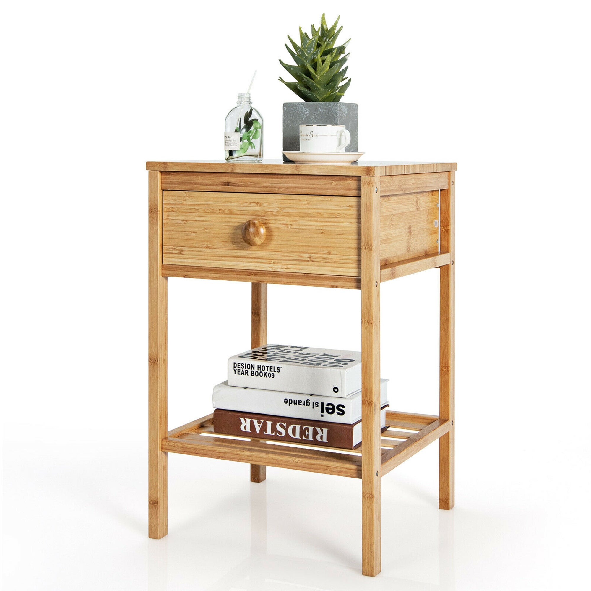 Gymax Bamboo Nightstand Natural Side End Table w/Drawer for Living