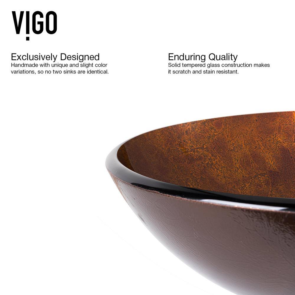 VIGO Glass Round Vessel Bathroom Sink in Russet Brown with Linus Faucet and Pop-Up Drain in Chrome VGT110