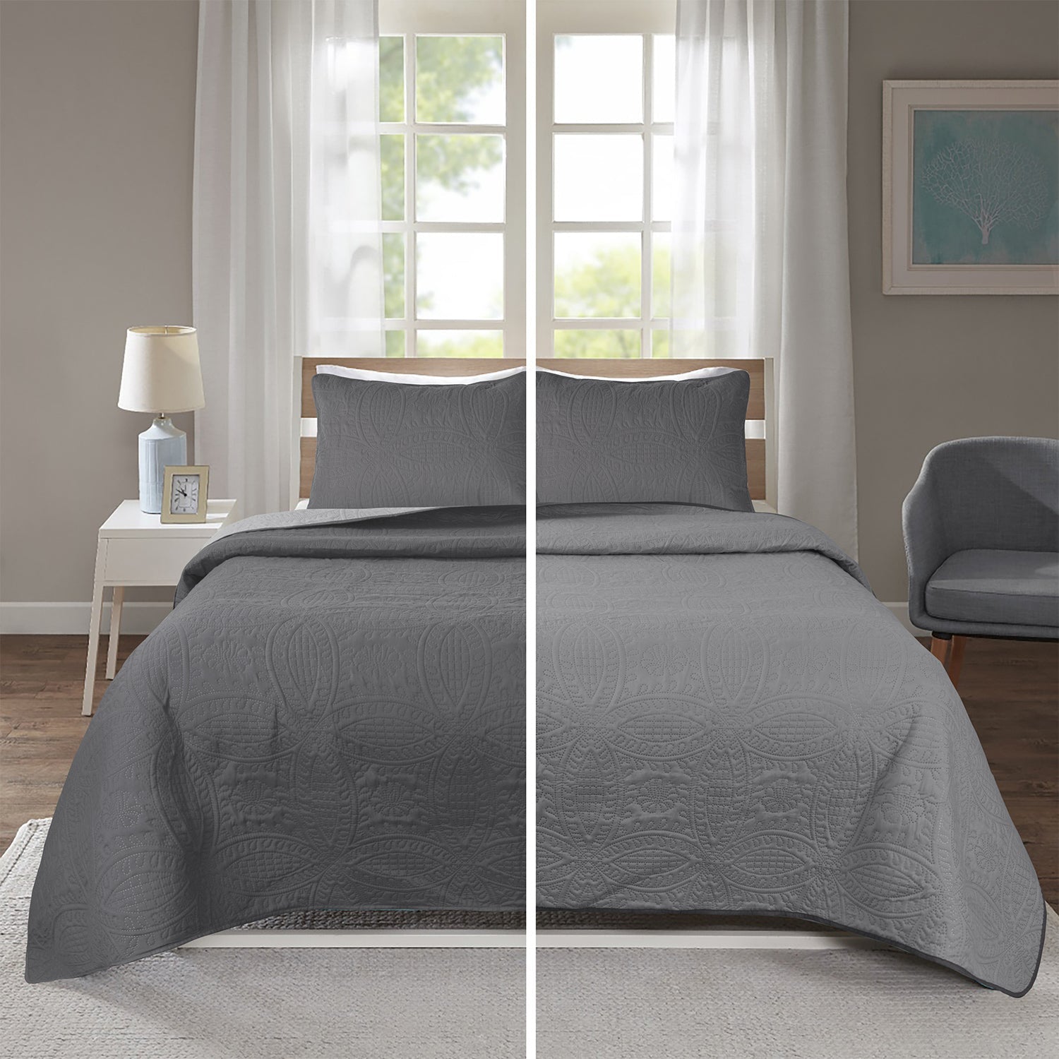 3 Piece Oversized Ultrasonic Embossed Bedspread Set with Coin Medallion Pattern-CARLA