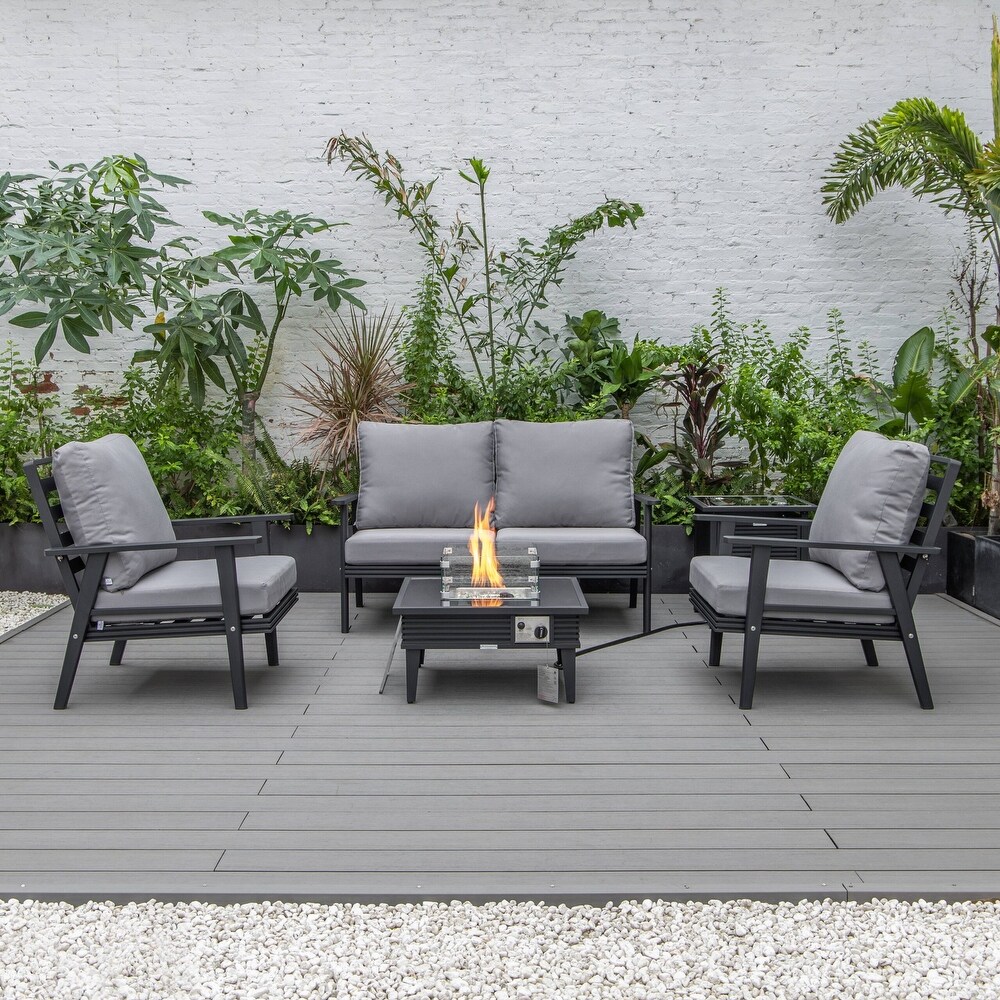 LeisureMod Walbrooke Modern Patio Conversation Set With Fire Pit Table