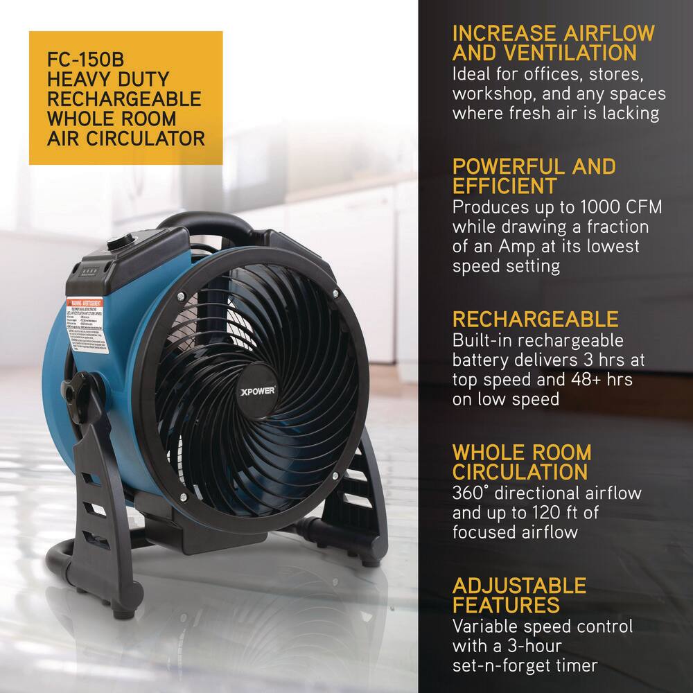 XPOWER Cordless Rechargeable 11 in. Variable Speed Sealed Brushless DC Motor Air Circulator Utility Fan with Timer FC-150B