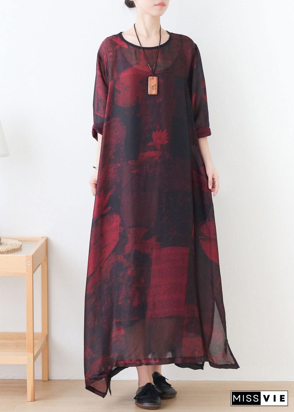 Natural Red Print Chiffon O-Neck Summer Dresses