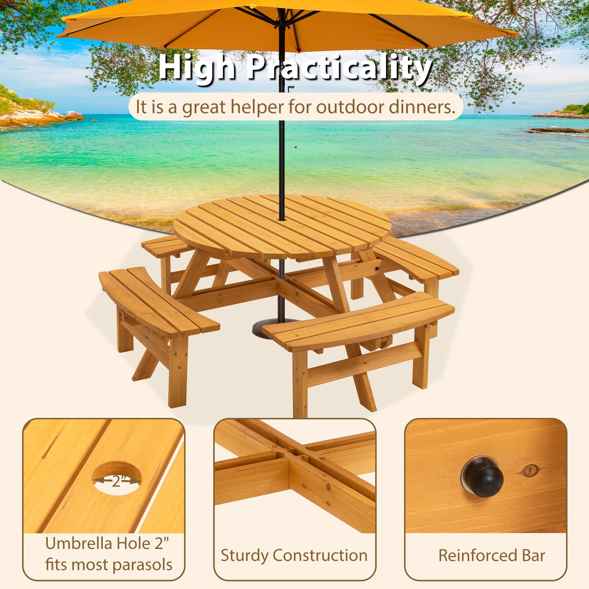 TOPJAN Outdoor Wooden Circular Picnic Table for Patio，Backyard，Garden Party， DIY w/ 4 Built-in Benches，2220lb Capacity 8 Person