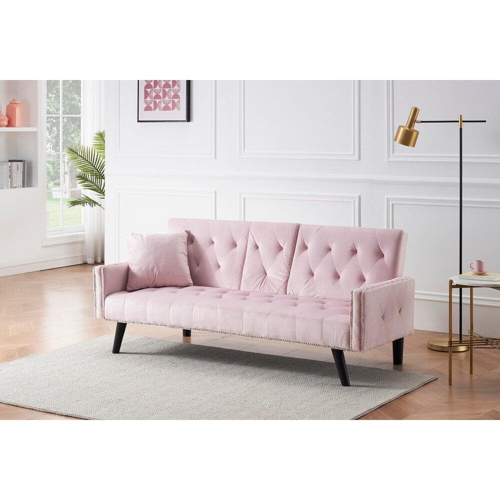 Modern Tufted Back Sofa Velvet Sleeper Sofa Bed Livingroom Adjustable Back Sofa Bed with Nail Head Trim   2 Cup Holders