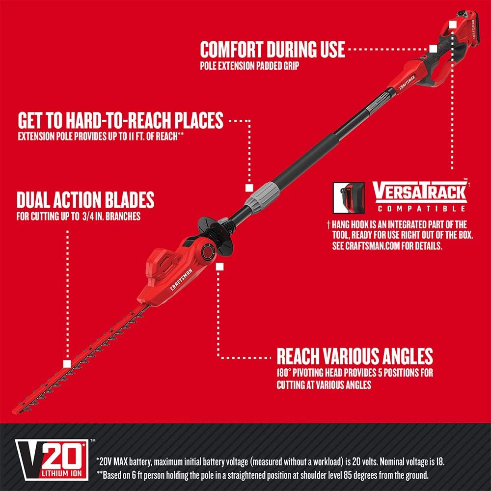 CRAFTSMAN V20 Cordless Pole Hedge Trimmer， 18-Inch， Extended Reach， Battery and Charger Included (CMCPHT818D1)