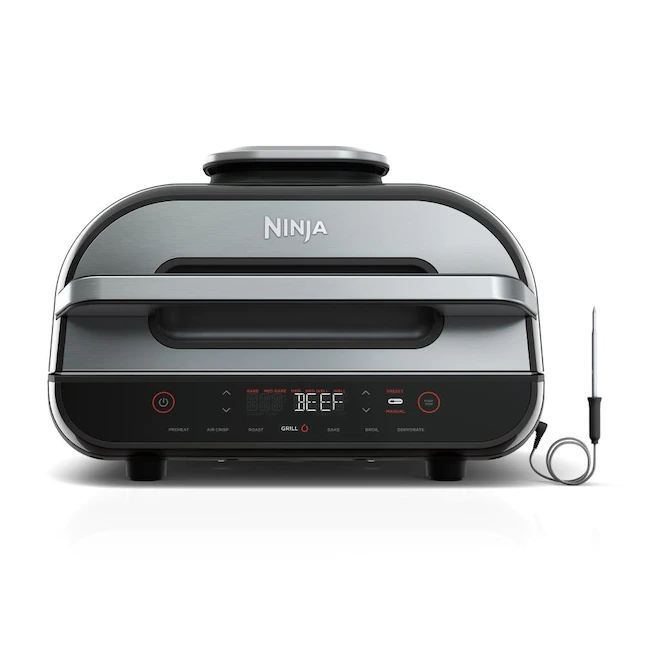 Ninja FG551 Foodi Smart XL 6-in-1 Indoor Grill with Air Fry， Roast， Bake， Broil and Dehydrate， Smart Thermometer， Black/Silver