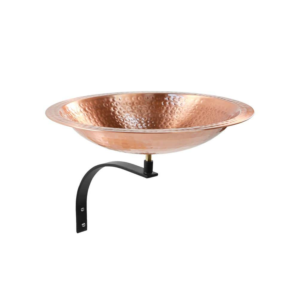 ACHLA DESIGNS 16 in. W Round Satin Hammered Solid Copper Birdbath Bowl with Black Wrought Iron Wall Mount Bracket BBHC-03T-WM