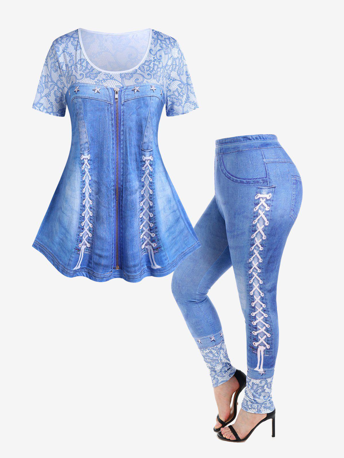 3D Denim Print T-shirt and 3D Denim Skinny Jeggings Plus Size Outfit