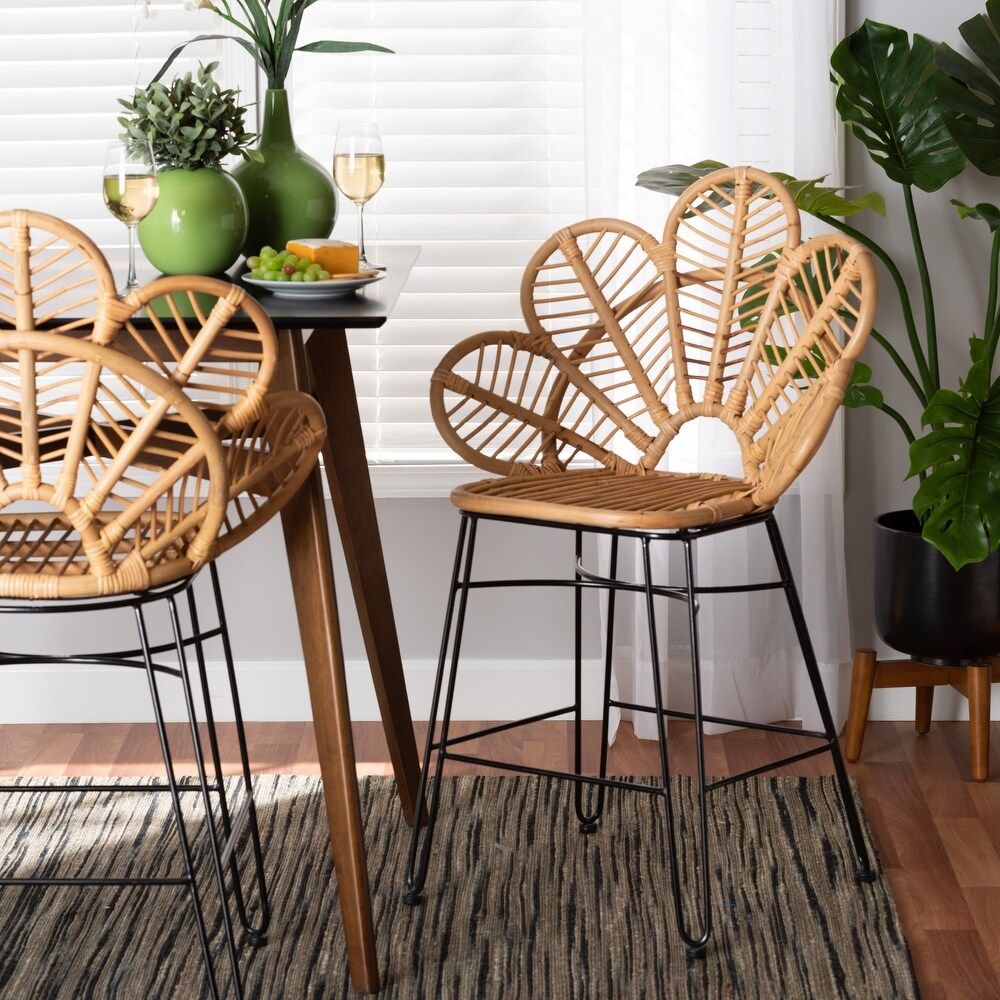 Garan Bohemian Natural Brown Rattan and Black Metal Counter Stool