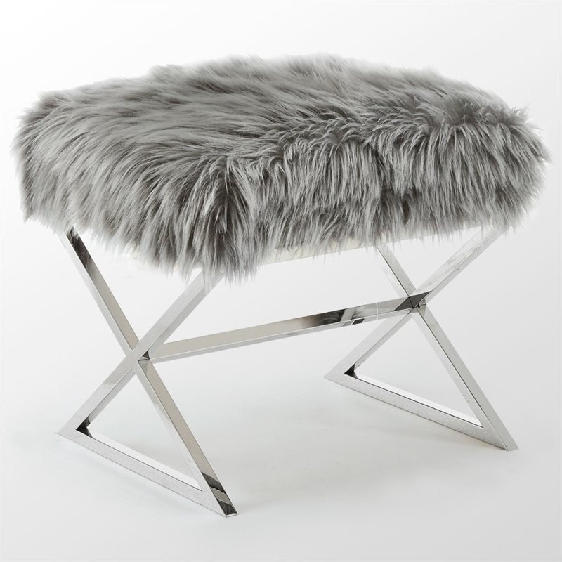 Posh Colin Faux Fur Fabric Ottoman with Stainless Steel X Legs in Rose/Chrome   Contemporary   Footstools And Ottomans   by Homesquare  Houzz