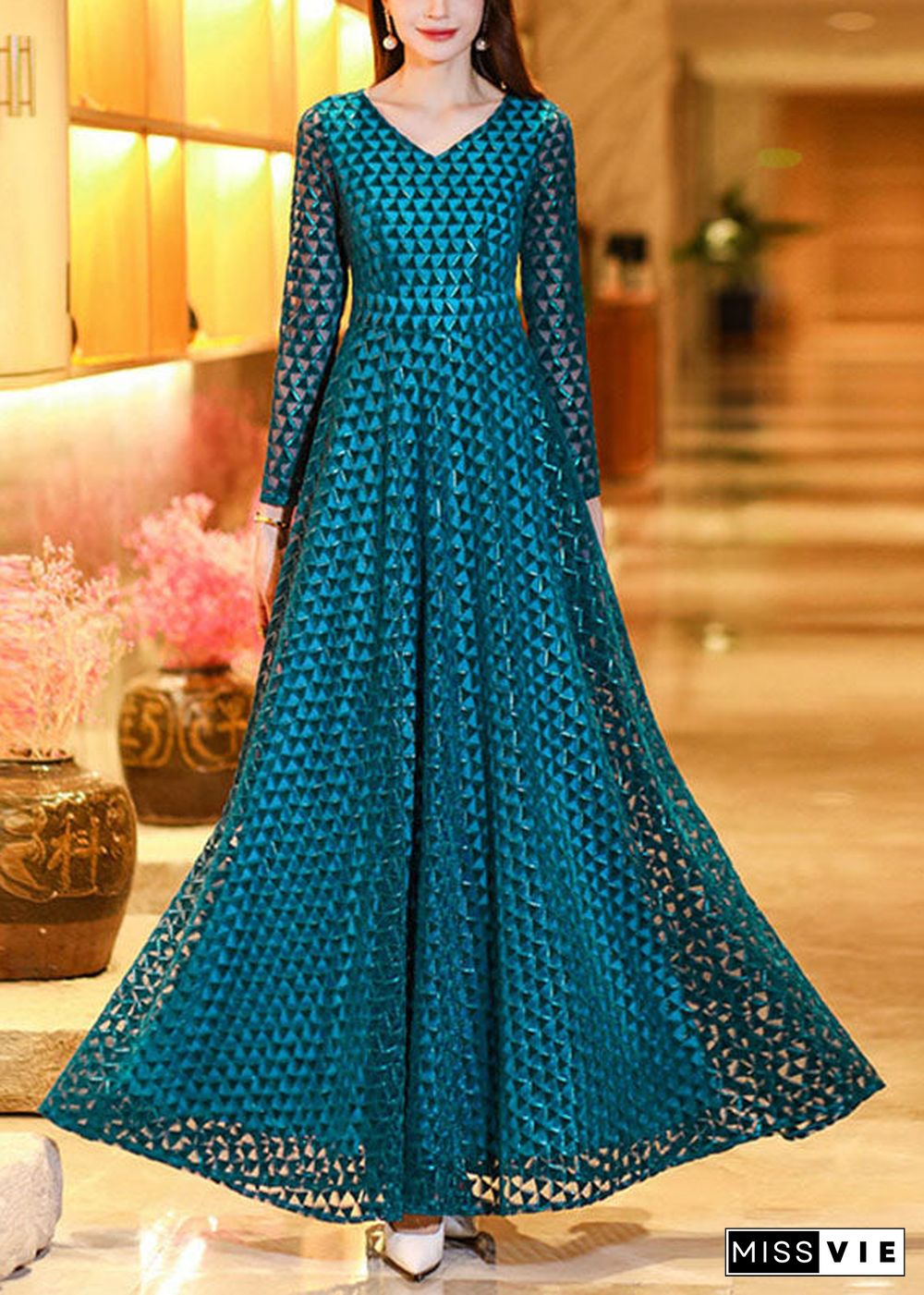 Boho Peacock Blue Wrinkled Hollow Out Lace Long Dress Long Sleeve