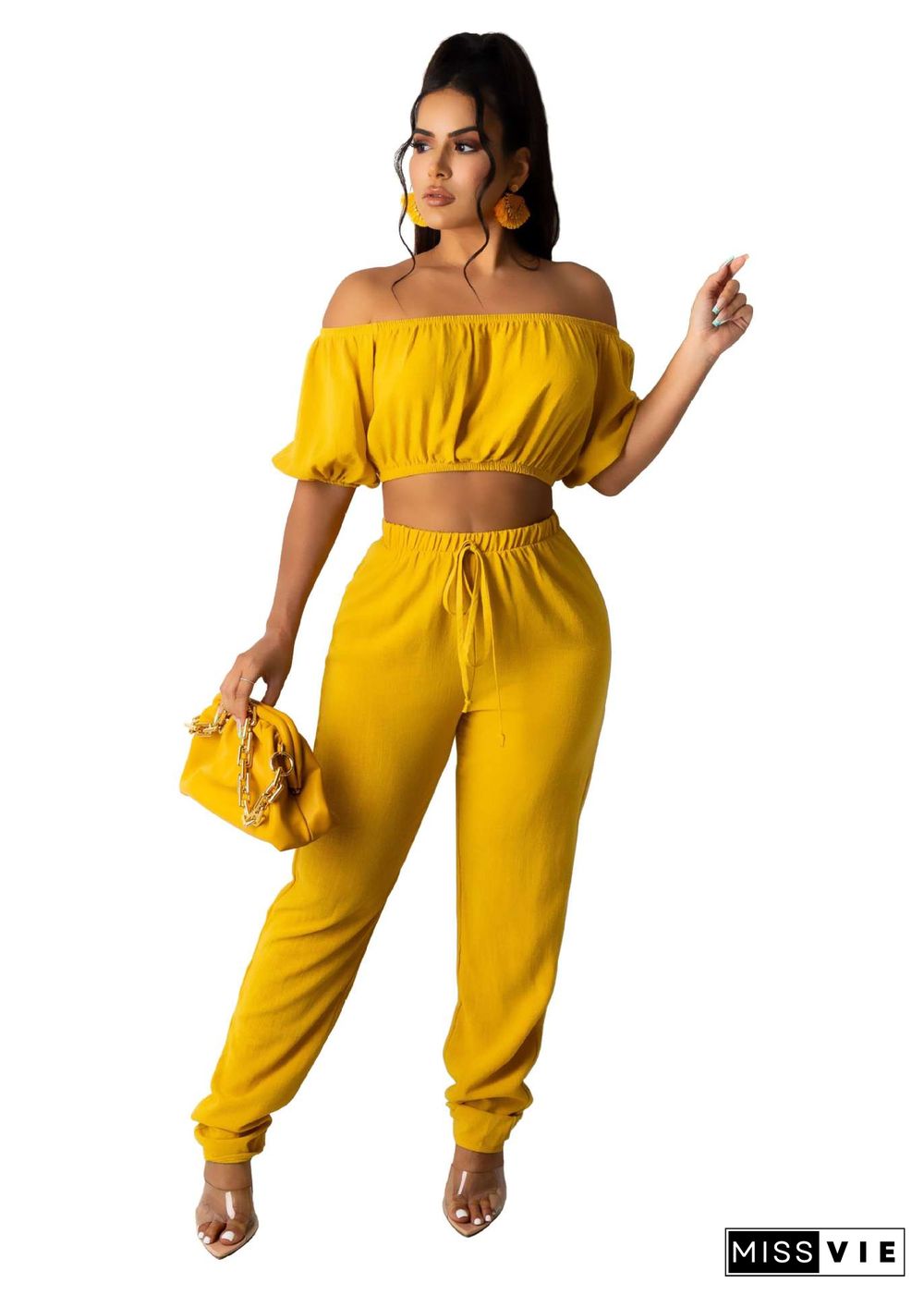 Sexy Solid Color High Elastic Off Shoulder Short Sleeve Crop Top Drawstring Long Pants Women 2 Piece Set