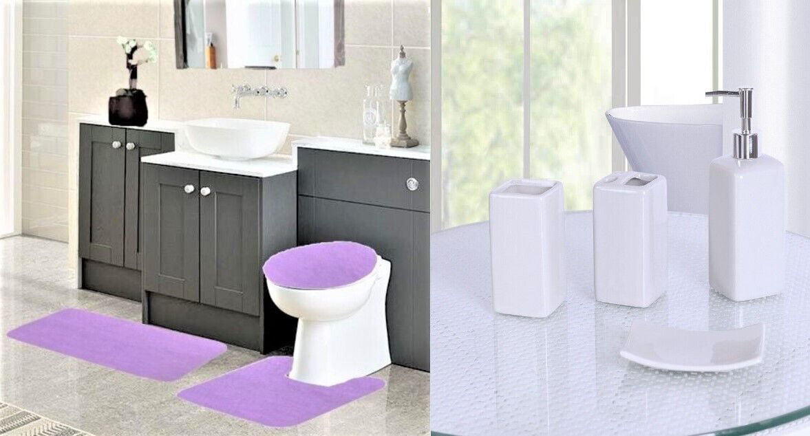 Complete bathroom set rug mat lid cover with 4 piece ceramic accessories #6 lilac plain color