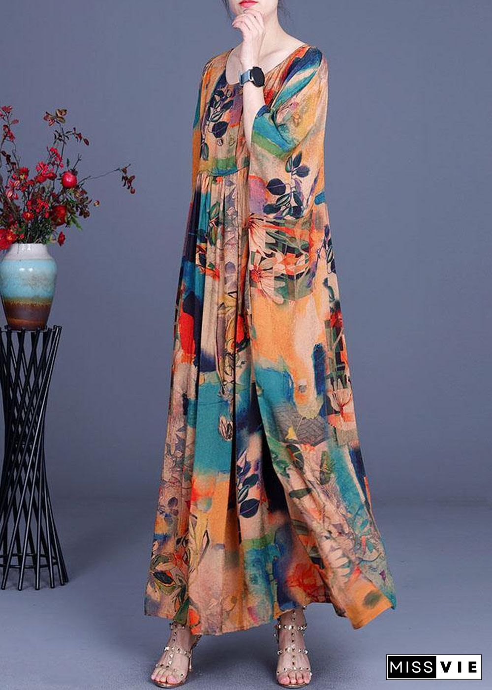 French Orange Print Button Batwing Sleeve Chiffon Summer Maxi Dresses