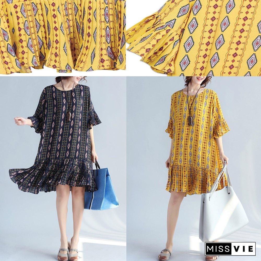 Elegant yellow prints chiffon shift dresses oversized chiffon clothing dresses women ruffles hem ruffles sleeve dress