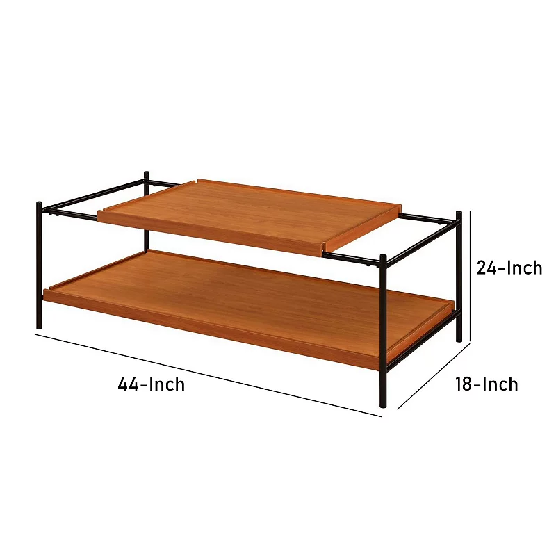 Rectangular Wooden Top Metal Frame Coffee Table， Oak Brown and Black