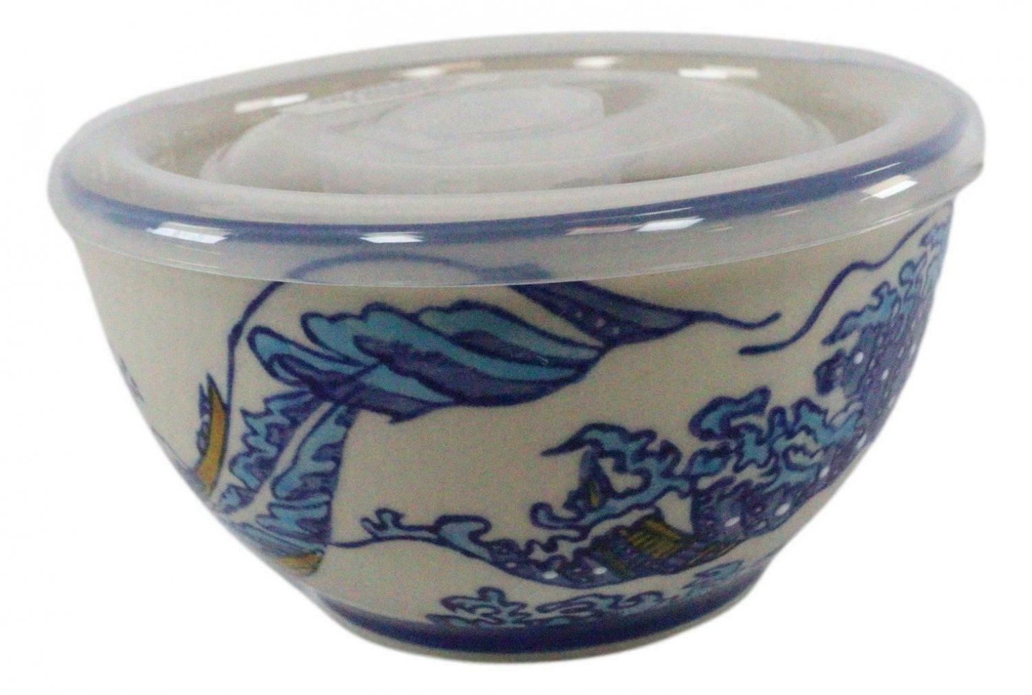 1 Set of 2 Ceramic Hokusai Great Wave Portion Meal Bowls 2 Cups W/ Lid EBR02